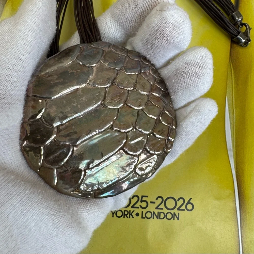 E&L Israel 925 Sterling Silver Electroform Snake Skin Disc Leather Cord Necklace